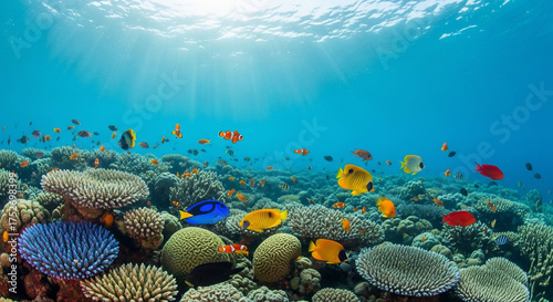 Vibrant coral reef teeming with marine life