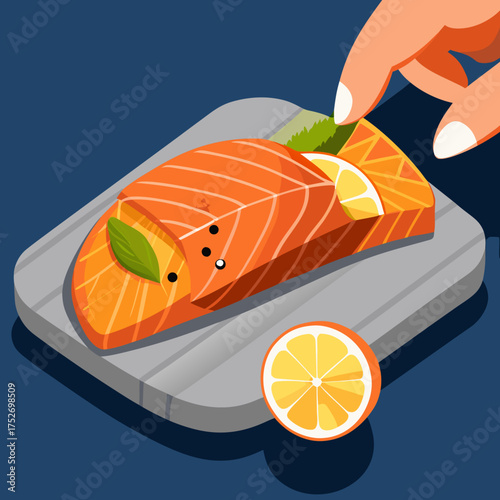 Salmon fillet with lemon and hand on a wooden board