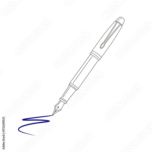 Vector art of a classic fountain pen with a nib and ink, creating a graceful blue line on a clean, symbolizing writing, creativity, and elegance in a simple, artistic illustration