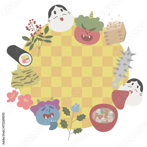 節分のイラスト　フレーム　円形　黄色