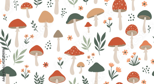 A whimsical collection of colorful mushrooms and small floral elements.