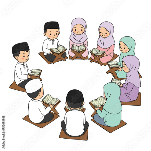 illustration of cheerful Muslim children sitting in a circle reciting the Qur’an together 