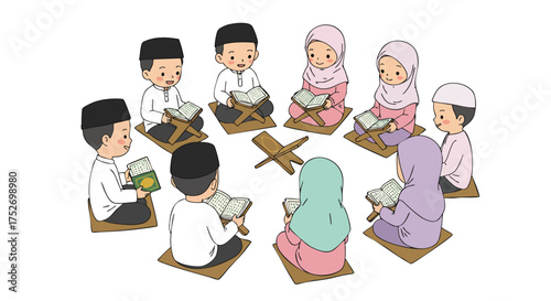 illustration of cheerful Muslim children sitting in a circle reciting the Qur’an together 