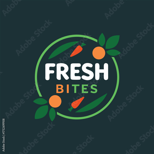 Fresh Bites Logo with Carrots Oranges and Leaves on Dark Green food healthy
