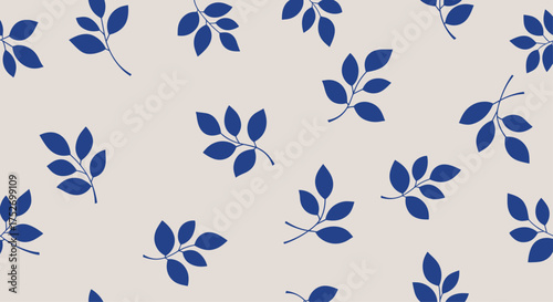 A repeating pattern of blue leaves on a light beige background.