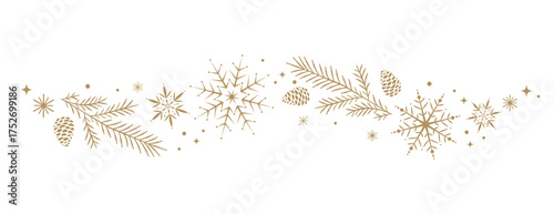 Golden Christmas border with pine branches and snowflakes festive decoration for winter holiday designs