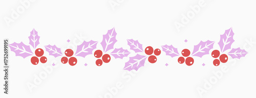 Christmas holly border with pink leaves and red berries festive decoration for winter holiday design