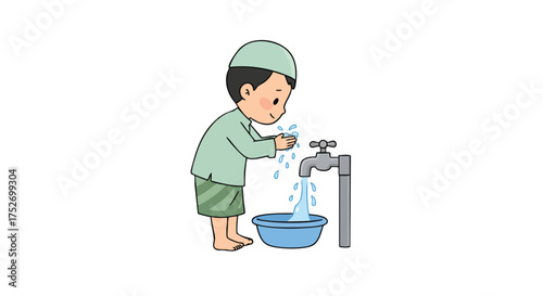 Cute chibi Muslim boy doing wudhu