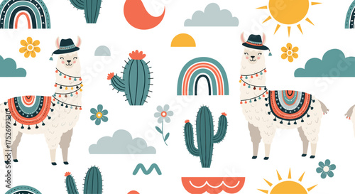 Cute whimsical llamas and cacti seamless pattern.