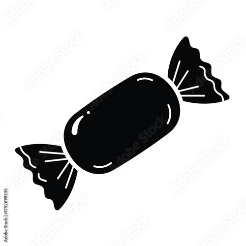 Simple black silhouette of a wrapped candy sweet treat isolated on white silhouette