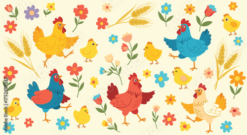 A charming collection of colorful chickens and chicks surrounded by flowers and wheat stalks.
