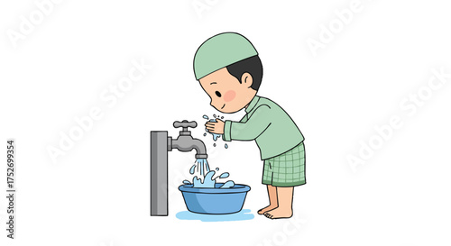 Cute chibi Muslim boy doing wudhu