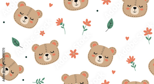 Cute teddy bears with flowers and leaves seamless pattern background.