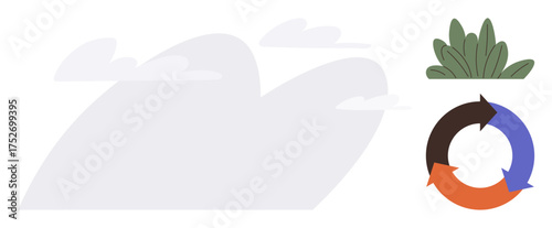 Circular arrows in orange, blue, and brown suggesting cycles or processes, placed near green foliage and soft cloud shapes. Ideal for ecology, sustainability, workflow, teamwork, progress growth