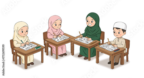 Group of chibi Muslim children sitting on floor reading Arabic books in class