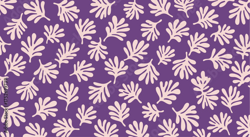 A repeating pattern of stylized light pink leaves scattered on a deep purple background.