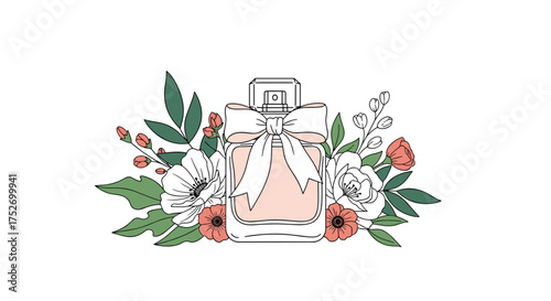 Beautiful perfume bottle adorned with delicate flowers and lush greenery.