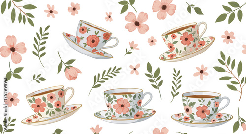 Charming floral teacups and delicate leaves create a whimsical pattern.