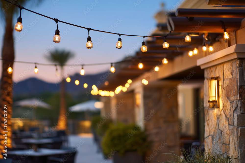Fototapeta premium A patio with lights hanging from the ceiling and a palm tree in the background