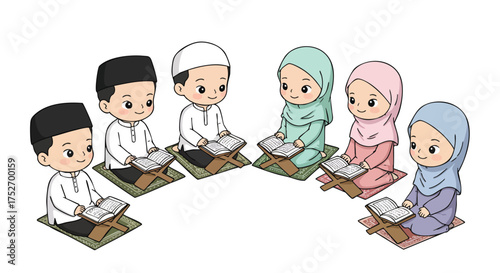 Cute 2D chibi Muslim children learning Qur’an together.
