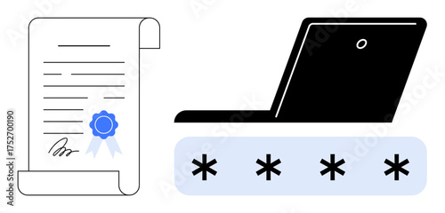 Official document with blue seal, laptop, and password entry field. Ideal for cybersecurity, encryption, identity verification, data privacy, digital contracts, online security simple flat metaphor