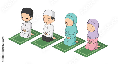 Chibi Muslim children praying side by side on green prayer mats.