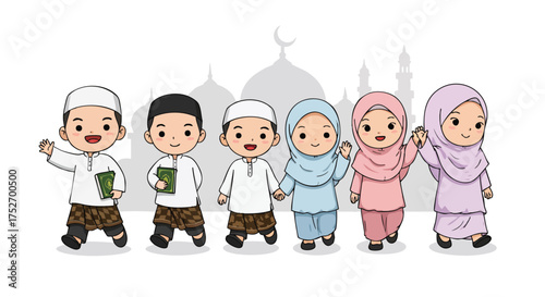 Group of chibi Muslim children walking happily to mosque