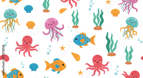A cheerful underwater scene with cute cartoon sea creatures and plants.