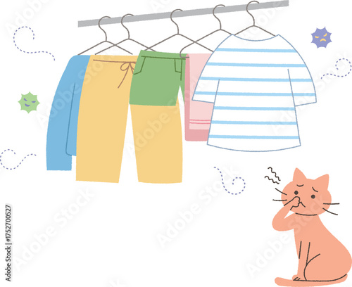 生乾き臭がする洗濯物と猫