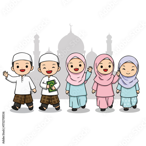 Group of chibi Muslim children walking happily to mosque
