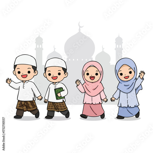 Group of chibi Muslim children walking happily to mosque