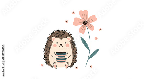 A cute hedgehog enjoying a cup of tea next to a blooming flower.