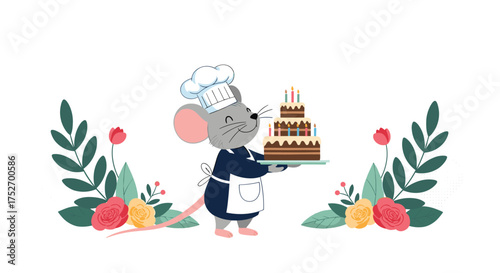 A cute mouse wearing a chef hat presents a birthday cake with candles.
