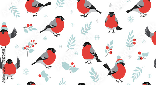Cute winter bullfinches and frosty branches seamless pattern.