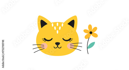 Cute yellow cat face with closed eyes and a flower beside it.
