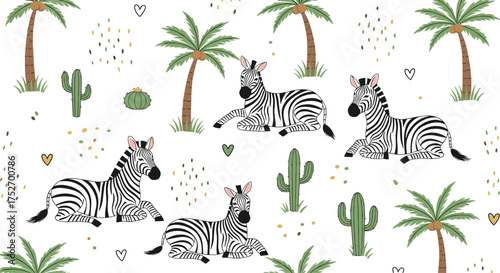 Cute zebras resting among palm trees and cacti in a playful jungle pattern.