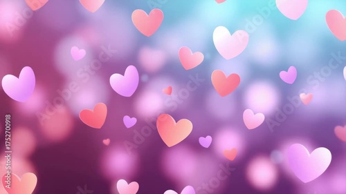 Romantic pink and purple heart shapes float gently on soft abstract bokeh background, creating dreamy valentine atmosphere full of love, warmth, and romantic feelings