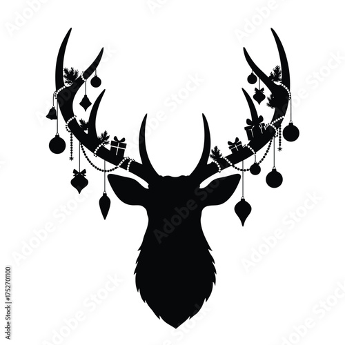 Silhouette of majestic reindeer head adorned with festive christmas ornaments and lights silhouette