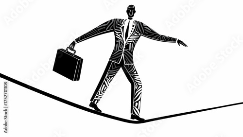 Bold businessman confidently walks tightrope, showcasing risk and balance with briefcase in hand