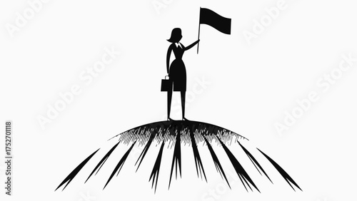 Triumphant businesswoman plants flag atop peak celebrating career success and leadership goals achieved