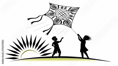 Children flying a beautiful kite, enjoying carefree summer fun and outdoor adventure during summer vacation