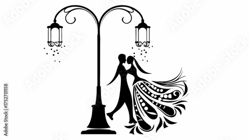 Romantic wedding silhouette of bride and groom kissing under a vintage street lamp, love and commitment