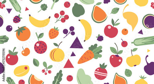 A vibrant collection of fresh fruits and vegetables in a playful pattern.