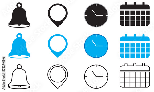 Notification, location, time, and calendar icon. Collection of colorful and outline icons showing bell, map pin, clock, and calendar symbols used for reminders, scheduling, and navigation.

