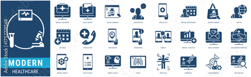 MODERN HEALTHCARE Icon Set containing medical treatment, health report, online pharmacy, conversation, medical app, medical appointment icons. Glyph style collections.