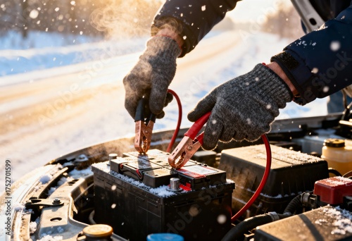 Winter car maintenance concept: gloved hands attaching jumper cables to a battery for emergency assistance. essential automobile assistance in cold weather conditions.