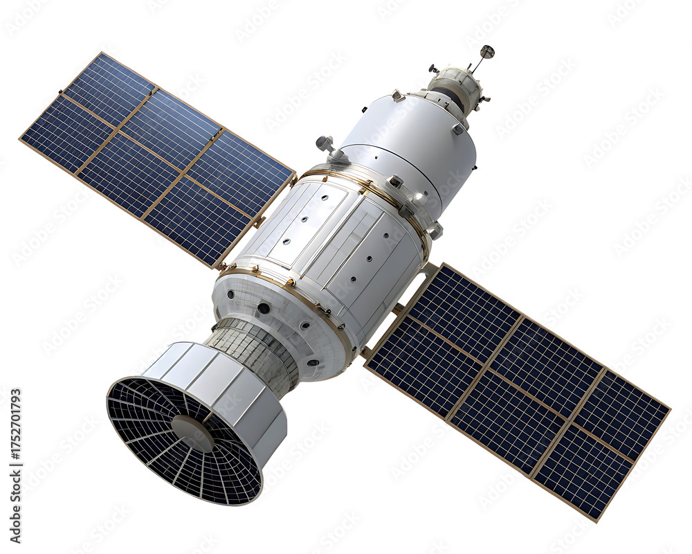 Fototapeta premium Satellite with solar panels and antenna in space, detailed 3D rendering of a communication satellite orbiting Earth