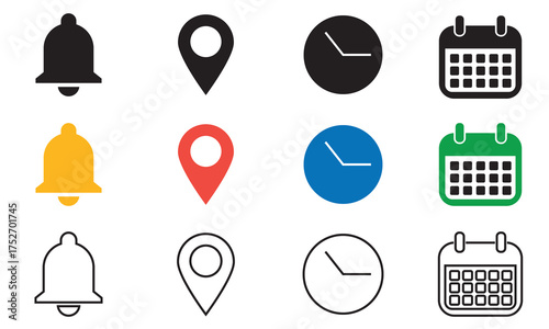 Notification, location, time, and calendar icon. Collection of colorful and outline icons showing bell, map pin, clock, and calendar symbols used for reminders, scheduling, and navigation.

