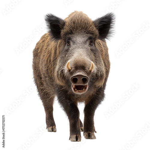 Agitated wild boar - tusks forward Isolated on Transparent Background. PNG.