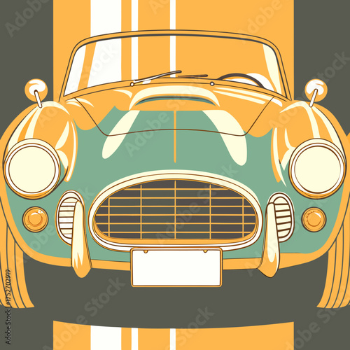 Vintage Sports Car Front View With Stripes And Blank License Plate vintage car classic car Modern car vector illustration Flat car icon Urban vehicle vector